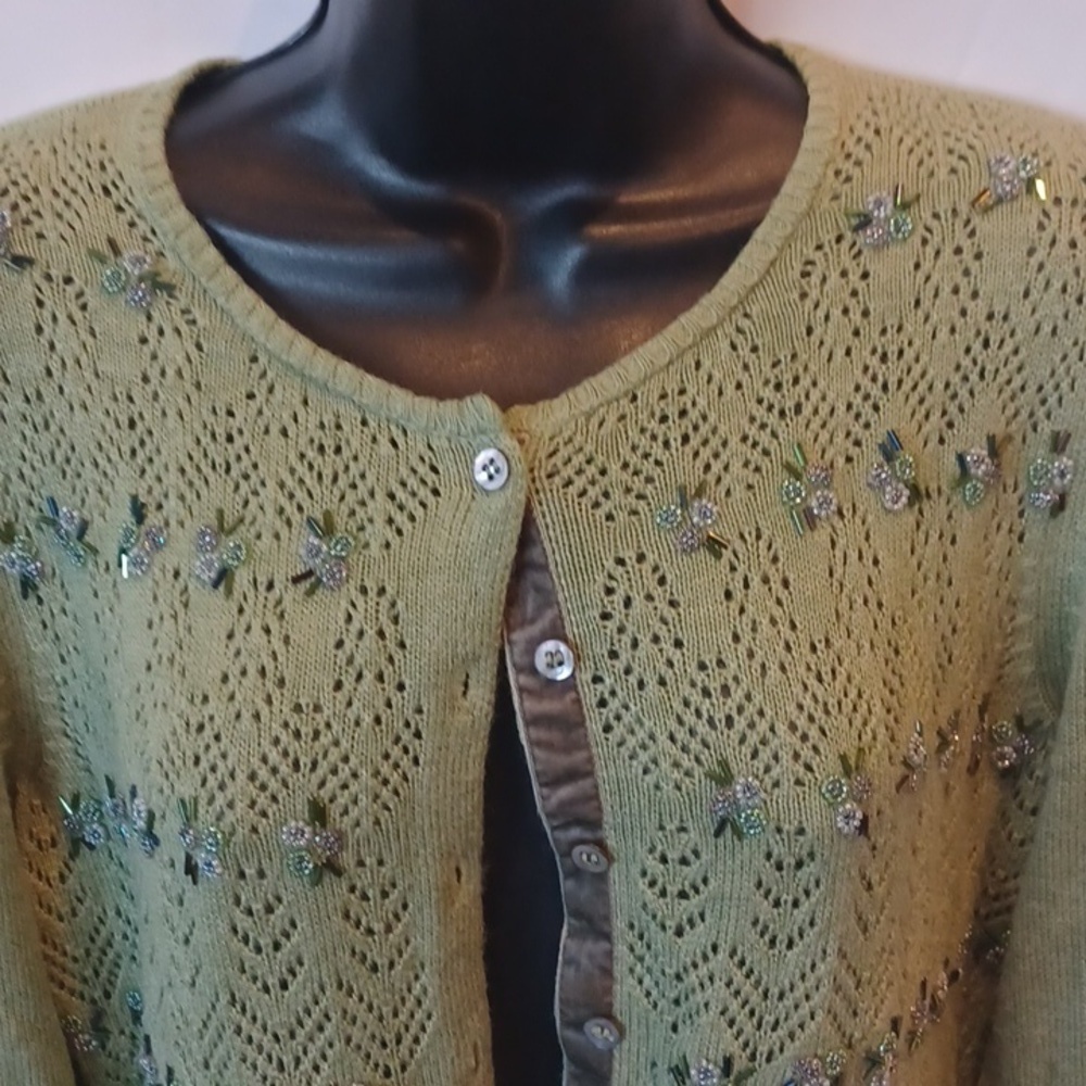 Sigrid Olsen Silk blend green/khaki Sweater!! Like new. Embroidered embellished - Picture 2 of 7